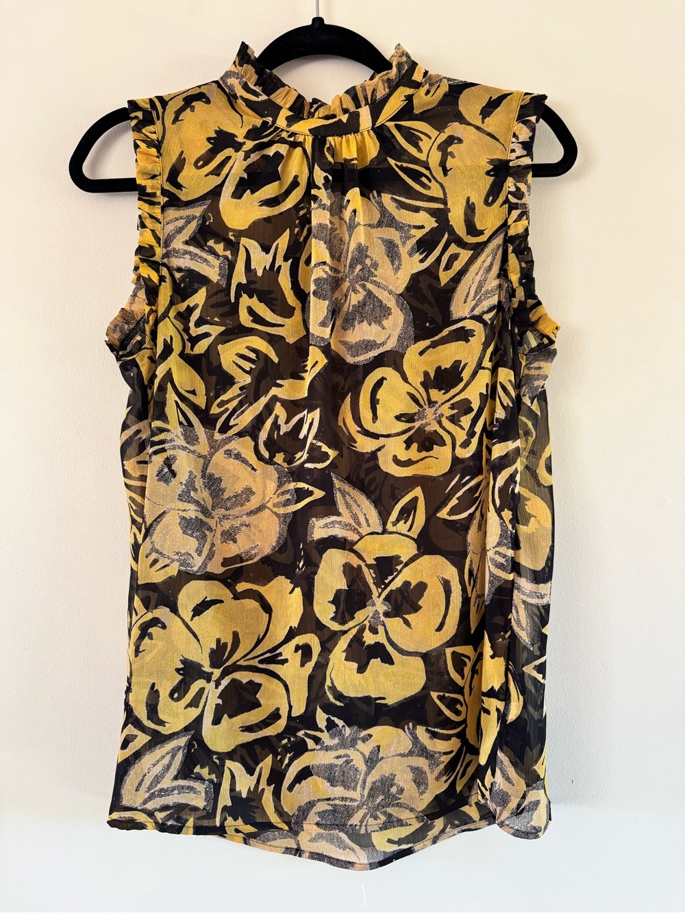 Who What Wear Yellow & Black Floral Ruffle Mock-Neck